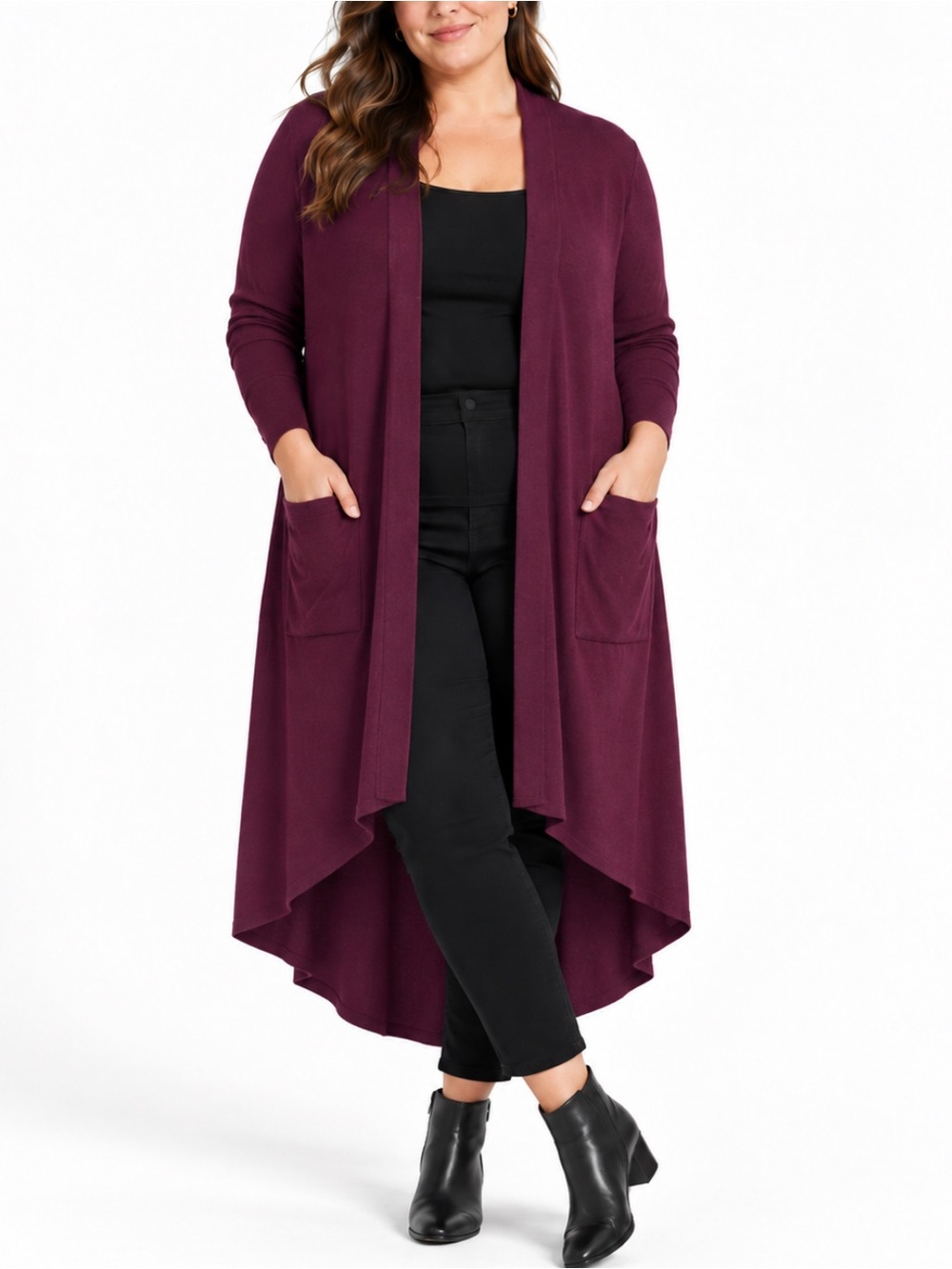 H Halston Burgundy Fine Knit Open Front Hi Lo Duster Cardigan Longline Layer XLP